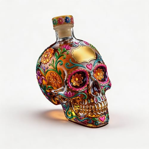 anwhriet Gothic Skull Decanter Bottle, Floral Painted Glass Skull Decanter, 350ml Whiskey Dispenser, Vintage Wine Glass Barware Accessories Drink for Bar Display, Day of The Dead Party Ornament 1pc
