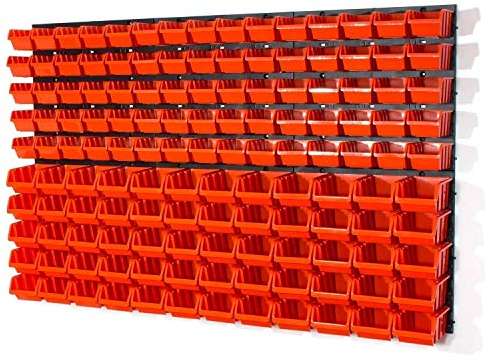Set of 75 XS and 60 S size IN-Box storage bins and wall mounted louvre