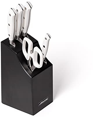 Arcos Serie Riviera Blanc - Geschenkbox Küchenmesser-Set 5 Stück (4 Messer + 1 Schere) - Klinge aus Nitrum geschmiedetem Edelstahl - HandGriff Polyoxymethilen (POM) - Buchenholz schwarz