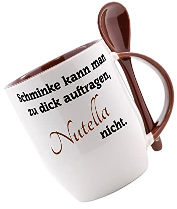 Tasse m. Löffel Schminke kann man zu dick auftragen - Nutella nicht Löffeltasse, Kaffeetasse mit Motiv,Bürotasse, bedruckte Tasse mit Sprüchen oder Bildern