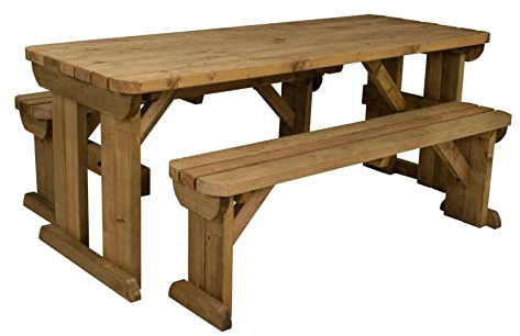 Arbor Garden Solutions 8 Seat Wooden picnic table and bench set, Yews compact rounded patio furniture (7ft, Rustic Brown)