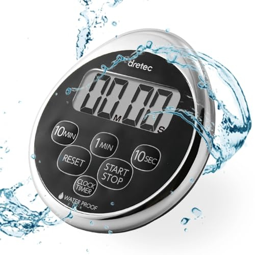dretec Minuterie de douche numérique étanche horloge de salle de bain avec dos magnétique couleur argent et noir officiellement testé au Japon (1 batterie au lithium de démarrage)
