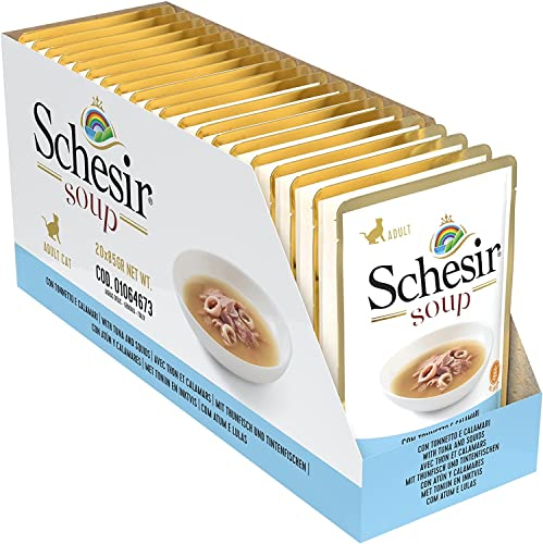 Schesir Cat Soup Thunfisch mit Tintenfisch, Katzenfutter Suppe, 20 Beutel x 85 g