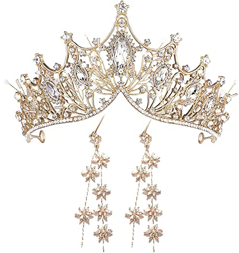 2-teiliges Hochzeitsschmuck Braut Set, Mädchen Diadem Gold Krone mit Lange Baumelnde Ohrringe Set für Damen