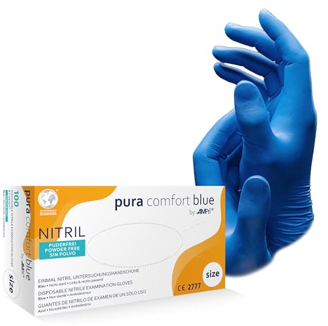 AMPri Nitrilhandschuhe, blau, 100 Stück/Box, Größe M, puderfrei, Puracomfort blue: Nitril Einmalhandschuhe, Einweghandschuhe in den Größen XS, S, M, L, XL, XXL