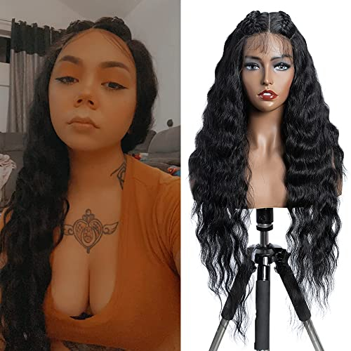 FASHION IDOL Lace Front Curly Wigs 31 Long Synthetic Natural Water Wavy Wig for Black Women Natural Black with E Type HD Lace Wig