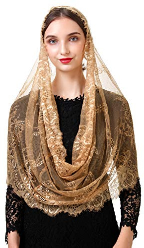 PAMOR Mantilla-Schleier im spanischen Stil, Spitze, traditionell, Vintage, inspiriert, Unendlichkeitsform, lateinische Masse, Kopfbedeckung, Beige, Einheitsgröße