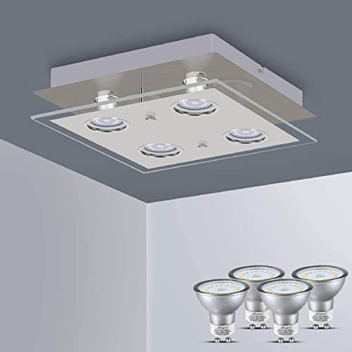 Allesgute 4 Way LED Ceiling Spot Fittings Square Kitchen Brushed Chrome Spotlights Ceiling Mounted, with 4 X GU10 Bulbs Warm White 3000K 5W
