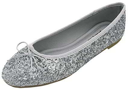 Feversole Round Glitter Ballerina, Damen Klassische Ballerinas Profilsohle Glänzende Ballerina Flach Glänzende Silber 39