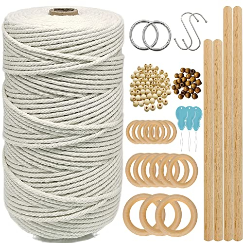 suo long Makramee-Baumwollkordel, 3 mm mit Makramee-Ringen, Makramee-Perlen, 3 mm x 219 m, Makramee-Baumwollseil zum Aufhängen, Pflanzenaufhänger, Bastelarbeiten, Stricken,
