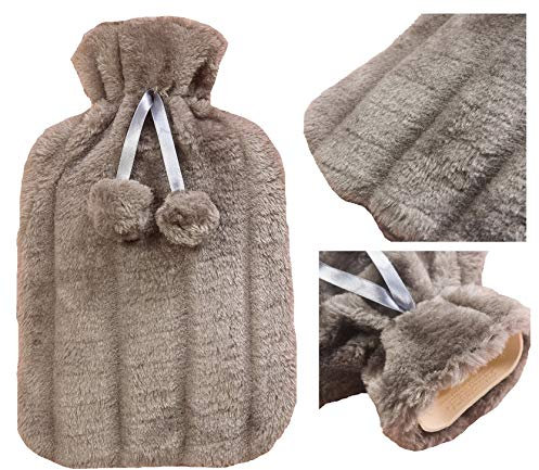 Premium Faux Fur HOT Water Bottle with Warm Fluffy Teddy Fleece Cover Natural (Faux Fur - Grey)