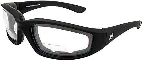Birdz Eyewear Oriole Padded Safety Bifocal Motorcycle Glasses Black Frame Clear Lenses 1.5 Magnification Carry Bag