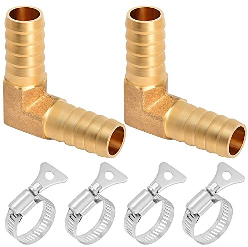Youmile Empalmador de púas de latón de 2 piezas de 3/8 pulgadas (10 mm), conector de empalme púas de 90 grados tipo L, 2 vías, adaptador de unión para agua/aceite/gas con 4 abrazaderas de manguera