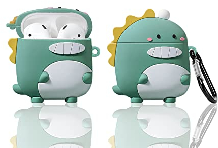 KAKUYI (Grüner Dinosaurier) Airpods 1/2 Hülle Cover Soft Silikon, 3D Cute Cartoon AirPod Hülle Lustiger Abdeckung Stoßfest Vollschutz Hülle mit Schlüsselbund für Mädchen Kinder Jungen Frauen
