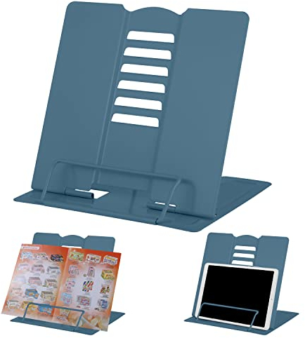 Schreibtisch-Buchständer Metall-Leseablage Buchhalter Verstellbarer Kochbuch-Dokumentenhalter Tragbarer Stabiler Buchständer für Rezepte Lehrbücher Tablet-Musikbücher mit Seitenklammern (Marine Blau)