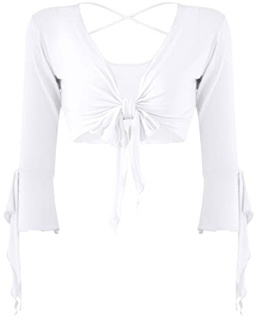 inlzdz Damen Bauchtanz Oberteil 3/4 Ärmel Bauchfreies Bluse Top Cardigan mit Quasten Langarm Bolero Shrug Top Rückenfrei Crop Top Schulterjacke Festlich Bauchtanz Kostüm Weiß One Size