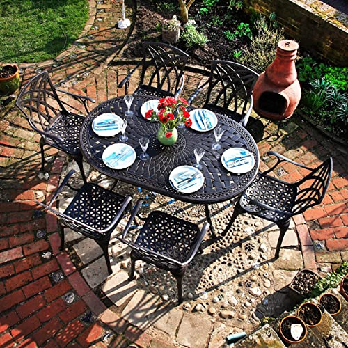 Lazy Susan Ovaler June Gartentisch in Antik Bronze mit 6 April Stühlen mit blauen Sitzkissen | Sandguss-Aluminium | Wetterfest | Rostfrei | Wartungsarm | 3 Jahre Garantie
