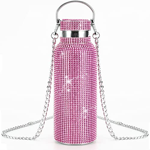 Bling Diamond Bouteille thermique à paillettes en acier inoxydable rechargeable avec chaîne pour femme (500 ml, rose)