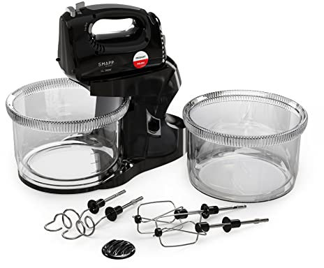 SMAPP 451.88 Küchenmaschine mit ZWEI 3,3L Rührschüssel - 580W Motor - Schwarz, inkl. 2 Rührbesen + 2 Knethaken Edelstahl, 5 Geschwindigkeiten, Küchenmaschinen für Brotteig