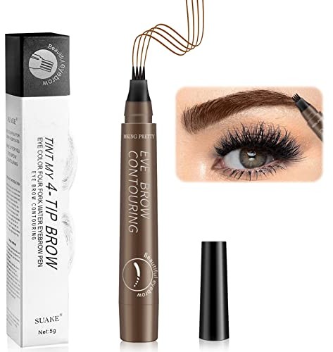 Brauenstift Wasserfest Flüssiger Augenbrauenstift mit Vier Gabelspitzen Microblading Wischfest Langanhaltender Augenbrauenstift - Dunkelbraun