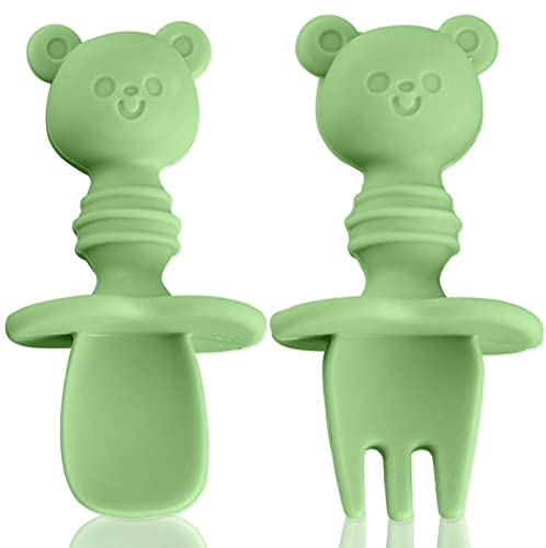 XOPOZON Baby-Löffel – Babygabel, Besteck-Set für Babys, ergonomisches Besteck, fördert Ihr Baby beim Essen, unabhängig, BPA-frei (grün)