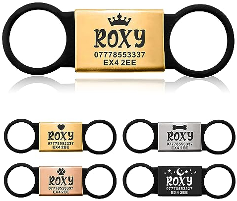 Dog Tags for Pets Engraved UK Slide on Dog Tag Personalised Silent Dog ID Tag Dangle-Free Slide on Collar Identity Tags Engraved UK Personalised ID Tags for Pets Kitty Cat Puppy (Gold Plate)