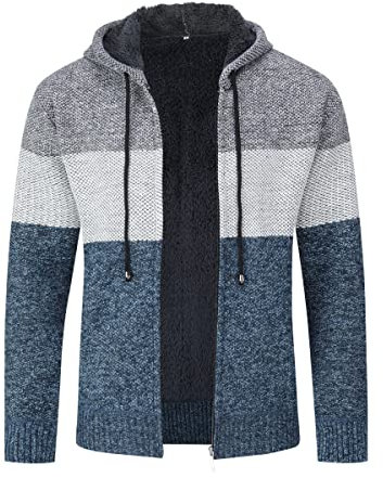 Sliktaa Mens Casual Cardigan Knit Thick Sweater Zip Stand Collar Long Sleeve Fleece Lined Winter Coat Blue 2 XL
