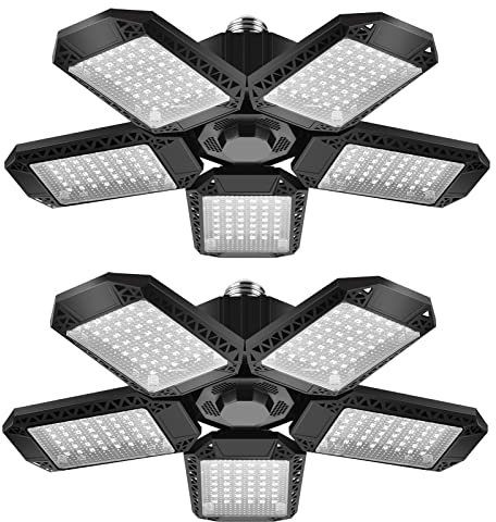 BNGGOGO 2 Pack Garage Light, 150W LED Lighting 5 Adjustable Panels, 15000LM Demable E27 Ceiling Lighting, Ultra Bright Lights Workshop Warehouse, Black (GOLEDLLT03UP)
