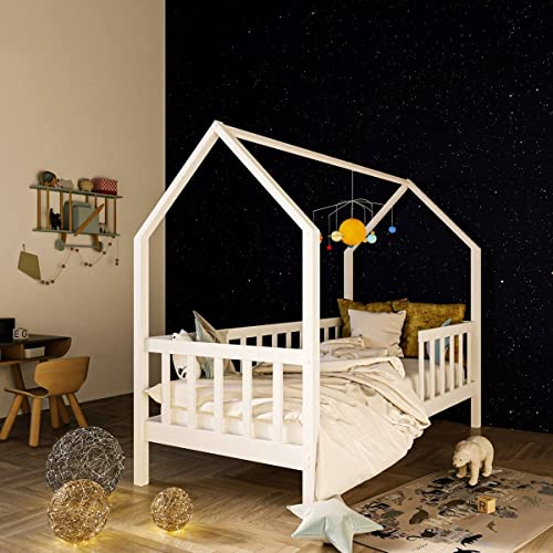 ArtKid Benni Weiß Hausbett 90x200 aus massiver Kiefer inkl. Lattenrost und Rausfallschutz - Hüttenbett - Kinderbett 90x200 für Mädchen und Jungen