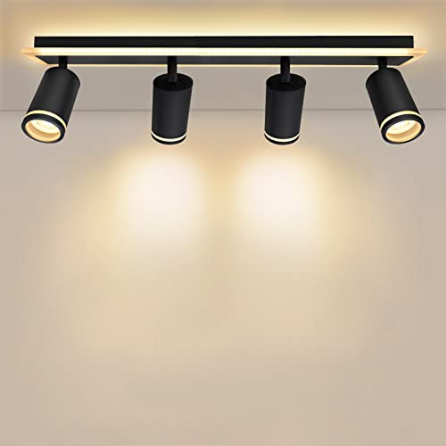 URing LED-Deckenleuchte mit 4 Spots, Deckenstrahler, schwenkbar & schwenkbar, LED-Beleuchtung mit Unterlicht, 11 W + 4 x 5 W, GU10, 3000 lm, Warmweiß 3000 K, für Küche, Wohnzimmer, Schwarz matt