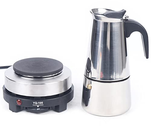 MINUS ONE Espressokocher, Premium Elektrisch Espressokocher Edelstahl, Mokkakanne mit Heizplatte und Sicherheitsventil für Arbeit, Familientreffen, Sport und Freizeit, Silber (300ml, 6 Tassen)