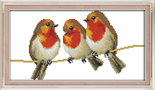 ABEUTY Cross Stitch Kits Three Little Birds Robin Redbreast for Adults Pre Printed or NOT, DIY 14 Count Embroidery Sewing Starter Kit Stamped or Unstamped DMC Needlework Easy Beginners (Unstamped)