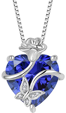FJ Collier Papillon Argent Sterling 925 Tanzanite Coeur Pendentif Pierre de Naissance Décembre Fleur Rose Bijoux pour Femme