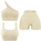 OLCHEE 3-teiliges Workout-Set für Damen – nahtlos, gerippt, Yoga-Outfits, eine Schulter, Sport-BH, hohe Taille, Shorts, Fitnessstudio, Athletik, Beige, Medium