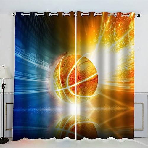 AKATIE Basketball Gardinen Kinderzimmer 3D Drucken Fenstervorhang Sportlicher Stil Vorhänge Abdunkelnd Blickdichte Schallschutz Gardinen mit Ösen 2er-Pack (140x160 cm)