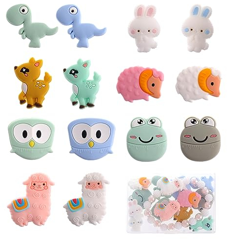 SUNNYCLUE 1 scatola 14 pezzi Perline In Silicone Animale Perline Focali In Silicone Carino Sfuso Coniglio Pecora Rana Perline Grandi Gufo Perline Grosse In Gomma Colorata per Creazione di Gioielli Kit