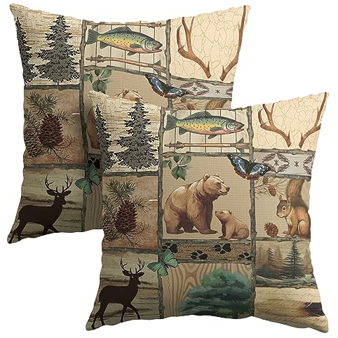 Granbey Rustikale Hütten-Kissenbezüge – Bären & Elch, 45 cm x 45 cm, Land, Natur, Wildtiere, Kissenbezug, Bär, Elch, Kissen, Kissenbezüge, dekorativ für Couch, Bett