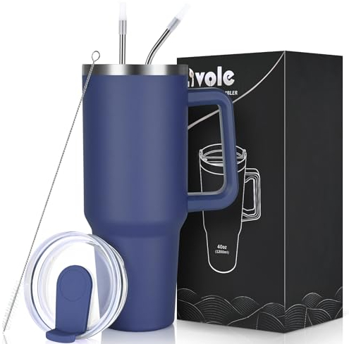 Livole 40oz 1200ml Edelstahl Thermobecher mit Griff, Trinkbecher mit Deckel und Strohhalm, Auslaufsichere Isolierter Coffee to go Becher, Doppelwandig Tumbler für Sport, Camping, Auto, Marineblau