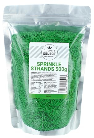 Culpitt Select Sprinkles | Green Sugar Strands, Cake Sprinkle Decorations For Cakes, Cupcakes, Cookies, Ice Cream, and Desserts | 500g