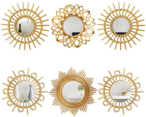 Namalu 6 Miroirs pour Décoration Murale, Petits Miroirs de Soleil Circulaires Miroirs d'Entrée Miroirs Suspendus en Cercle pour Décoration de Maison Salle de Bain Chambre Salon (Doré, Élégant)