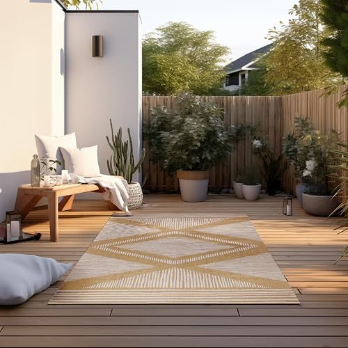 ELLE Decoration In und Outdoor Teppich – Wendeteppich Wetterfest & Wasserfest - Modernes Rauten Muster Geometrisches Muster Outdoorteppich für Garten, Balkon, Terrasse, Wohnzimmer – Ocker, 80x150cm