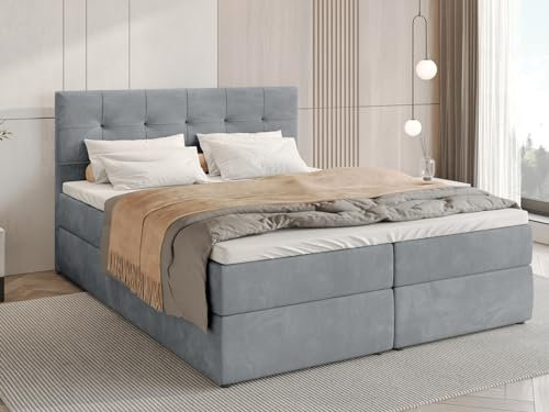 BROMARKT Boxspringbett mit Bettkasten Polsterbett mit Bonell-Matratze und Topper Doppelbett mit Stauraum Bett für Schlafzimmer gepolstertes Kopfteil Detroit 140x200 Härtegrad H3 Samtstoff Grau