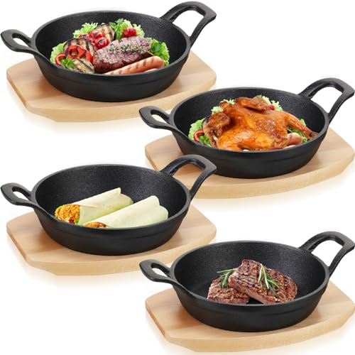 Sliner 4 Sets Mini Cast Iron Skillet Small Cast Iron Plates Skillet with Wooden Base Small Round Pan Fajita Plate Pot for Baking Cooking(3.9 Inch)