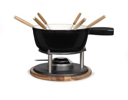 Service à fondue tradition MEN426C – 6 personnes, 2,6L, caquelon fonte émaillé, socle en acacia