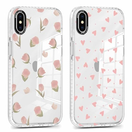 Xylota 2 Stück Transparent Handyhülle für iPhone X/iPhone XS 5,8 Hülle, Durchsichtig Case Muster Aesthetic Blumen Herz Mädchen Schutzhülle, Weich Silikon TPU Bumper Stoßfeste Cover für iPhone X,1-6