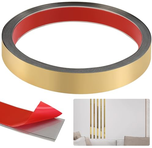 MINUNUSI Bande Décorative Dorée 5M en Inox, Garniture de Moulage Métallisée Baguette Doree de Finition Peel and Stick Moulure Flexible Auto-Adhésive Moulure et Garniture Murale pour Sol Mur Plafond