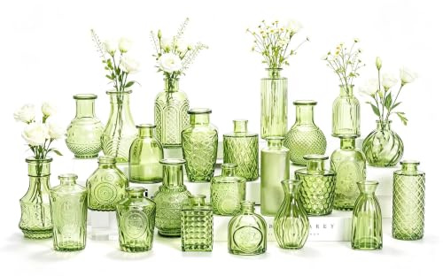 Glass Bud Vases, Set of 24, Mini Flower Vases for Centrepieces, Vintage Bottles for Table Decorations, Wedding Decor, Home, Clear (24, Green)