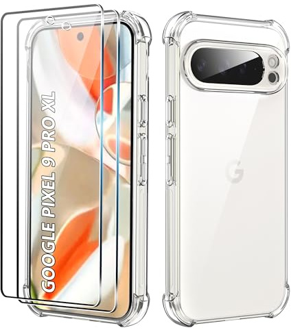 CAUHENYEE Funda para Google Pixel 9 Pro XL con 2 Protectores de Pantalla de Cristal Templado, Funda Transparente de Silicona TPU Suave, a Prueba de Golpes