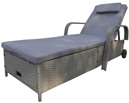 Calma Lux® Gartenliege Sonnenliege Rattanliege mit Stauraum neigbarer Rückenlehne Gartenmöbel Liege mobil mit Kissen, Polyrattan+Metall, 200 x 75 x 30-92 cm (Grau/Grau)