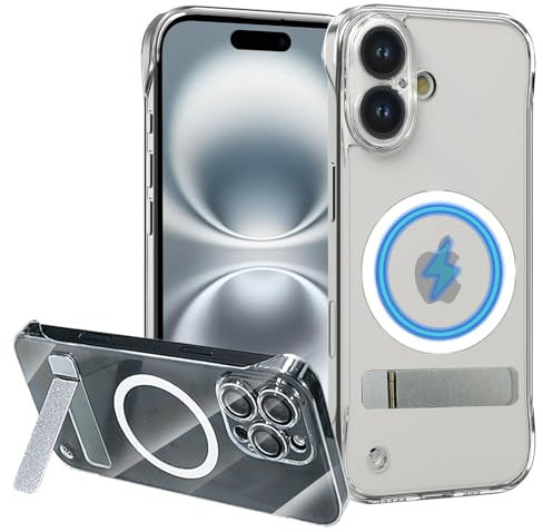 Schutzhülle für iPhone 16, rahmenlos, kompatibel mit MagSafe, integrierter 3-Wege-Ständer und Kameraobjektivschutz, vergilbungsfrei, schlank, dünn, magnetische Schutzhülle für iPhone 16, 15,5 cm (6,1